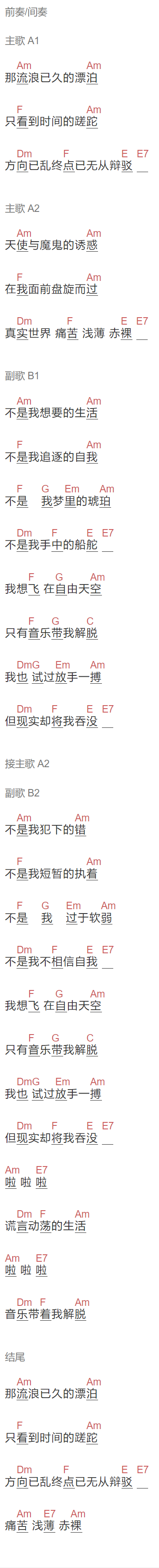 许鹤缤《音乐带我解脱》吉他谱C调和弦谱(txt)1