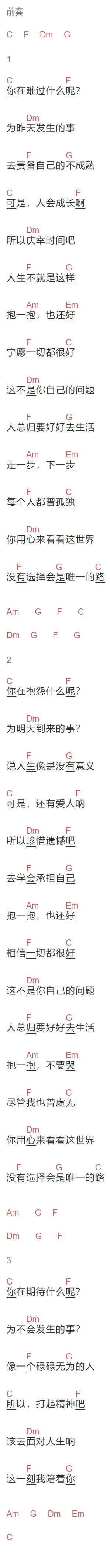  伏仪《面对》吉他谱C调和弦谱(txt)1