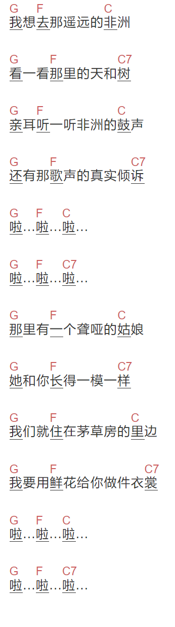 何勇《非洲梦》吉他谱C调和弦谱(txt)1