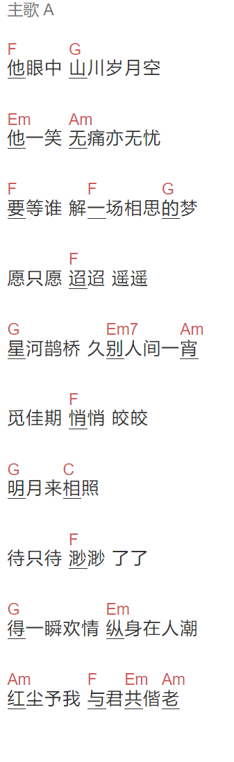 黄诗扶《迢迢》吉他谱C调和弦谱(txt)1