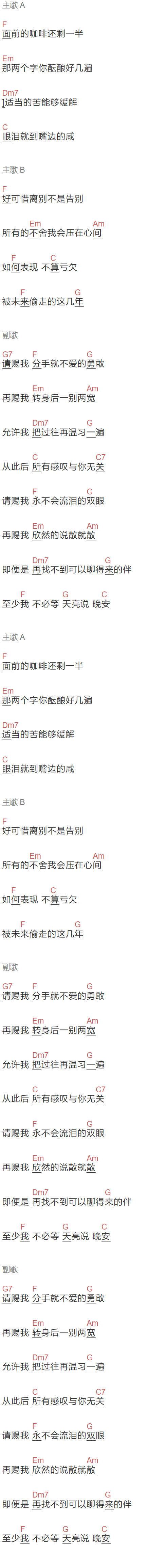 高鱼《赏赐》吉他谱C调和弦谱(txt)1