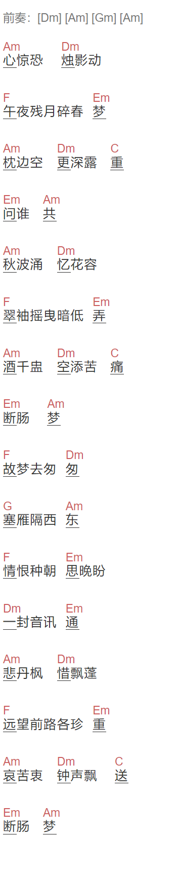 许冠杰《断肠梦》吉他谱C调和弦谱(txt)1