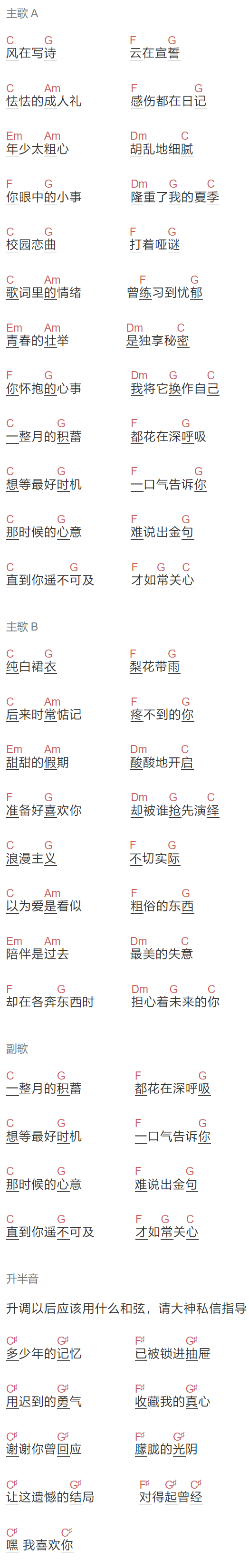 张磊《文艺少年》吉他谱C调和弦谱(txt)1
