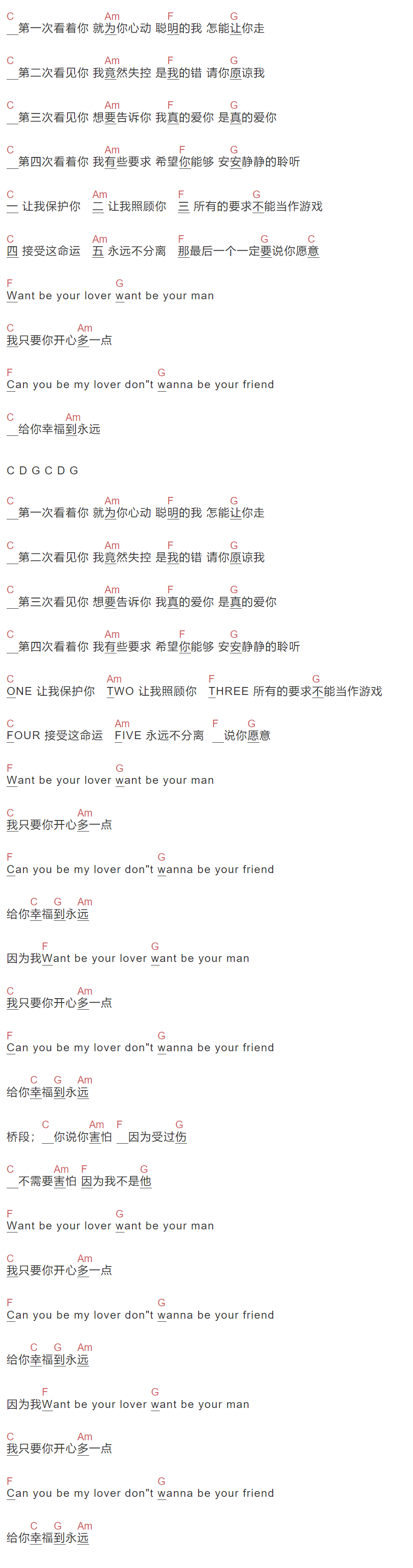 曹格《数到五答应我》吉他谱C调和弦谱(txt)1