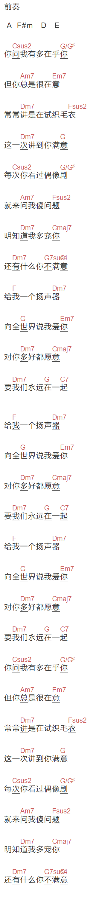 不二《扬声器》吉他谱C调和弦谱(txt)1
