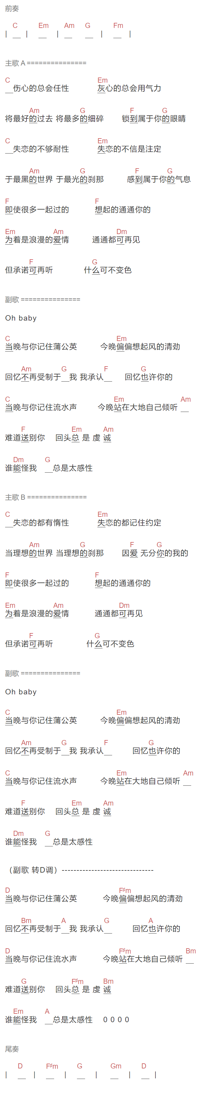 海鸣威《我的回忆不是我的》吉他谱C调和弦谱(txt)1
