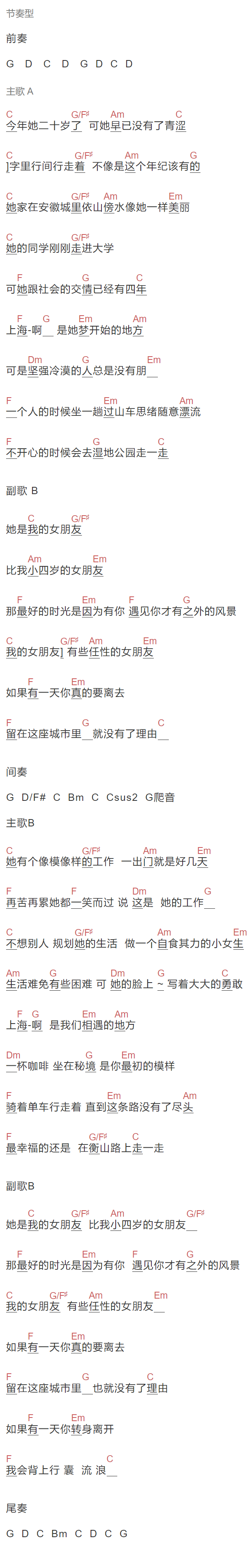 小海《我的女朋友》吉他谱C调和弦谱(txt)1
