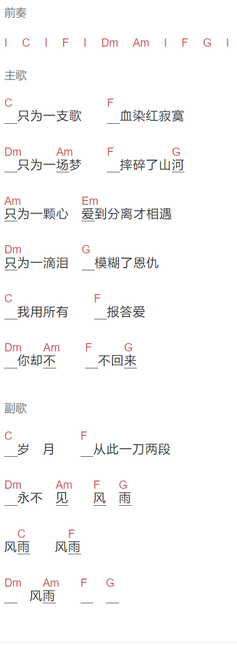黄霄云《我用所有报答爱》吉他谱C调和弦谱(txt)1