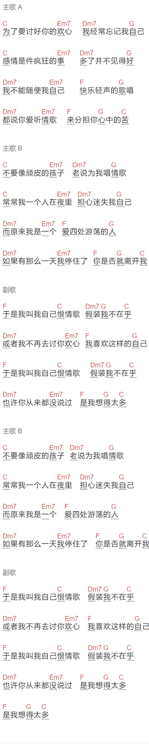 陈升《恨情歌》吉他谱C调和弦谱(txt)1