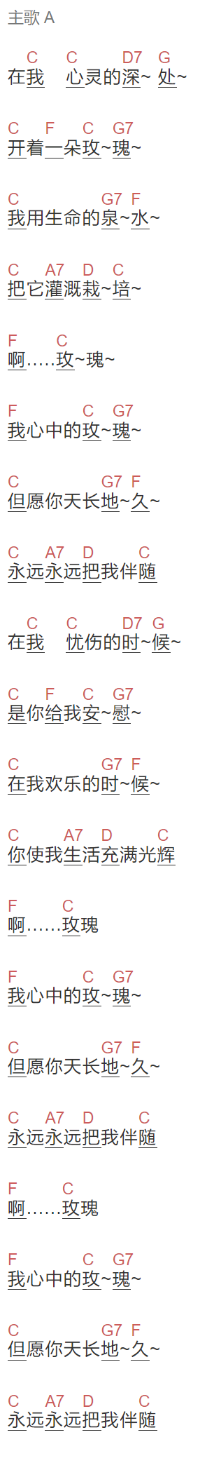 《心中的玫瑰》吉他谱C调和弦谱(txt)1