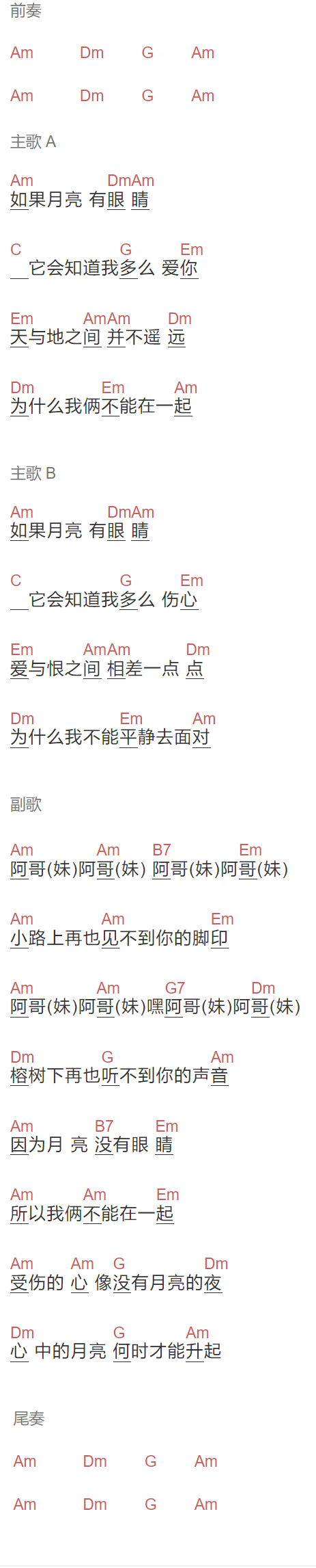 《心中的月亮》吉他谱C调和弦谱(txt)1
