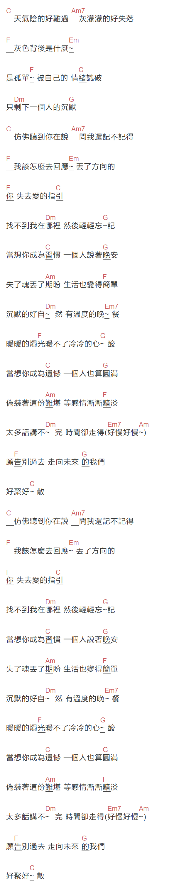 KeyKey《当想你成为习惯》吉他谱C调和弦谱(txt)1