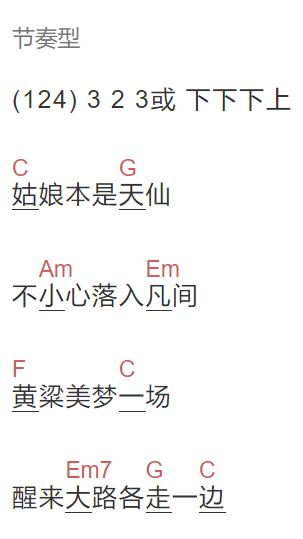 吴欢《姑娘向南走》吉他谱C调和弦谱(txt)1