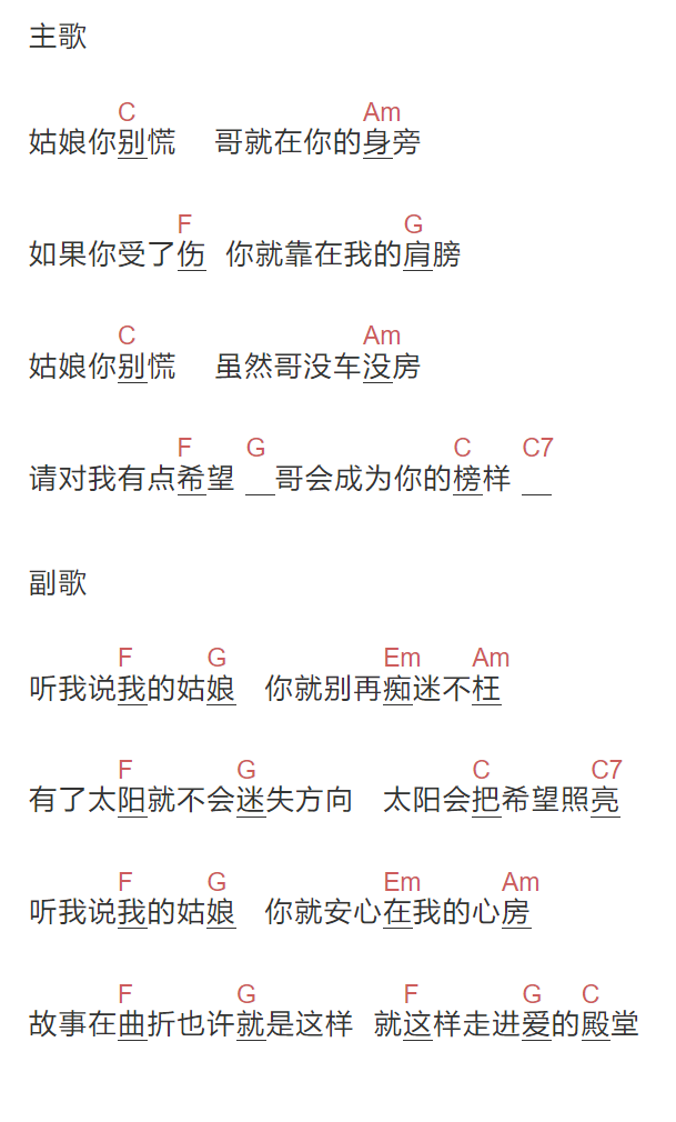 半吨兄弟《姑娘别慌》吉他谱C调和弦谱(txt)1