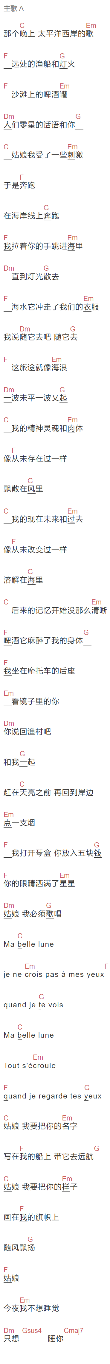 风子《姑娘,今夜我不想睡觉,只想睡你》吉他谱C调和弦谱(txt)1