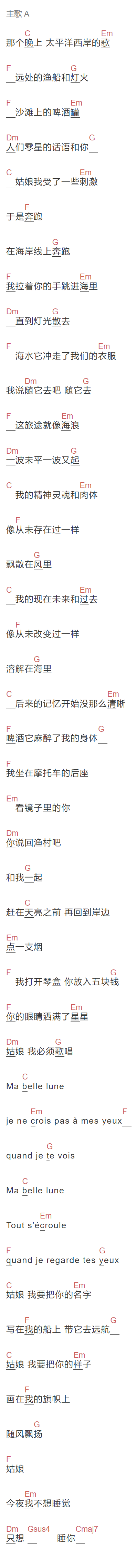 风子《姑娘 今夜我不想睡觉只想睡你》吉他谱C调和弦谱(txt)1