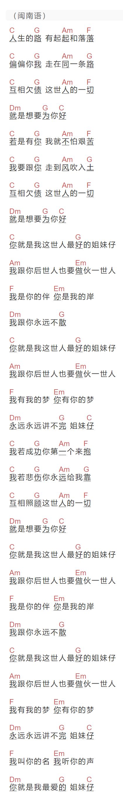 旺福《姊妹仔》吉他谱C调和弦谱(txt)1