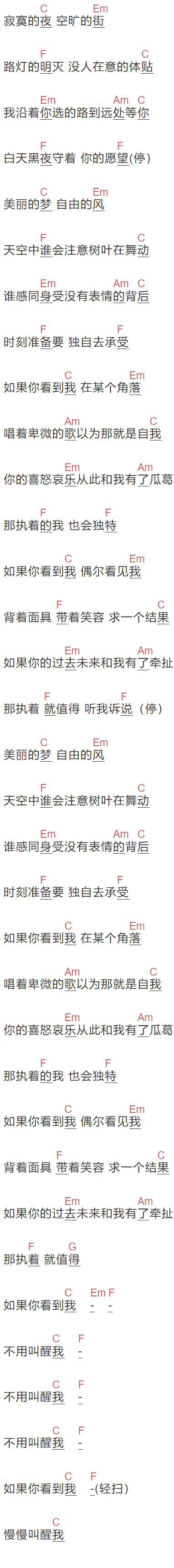徐炳超《如果你看到我》吉他谱C调和弦谱(txt)1