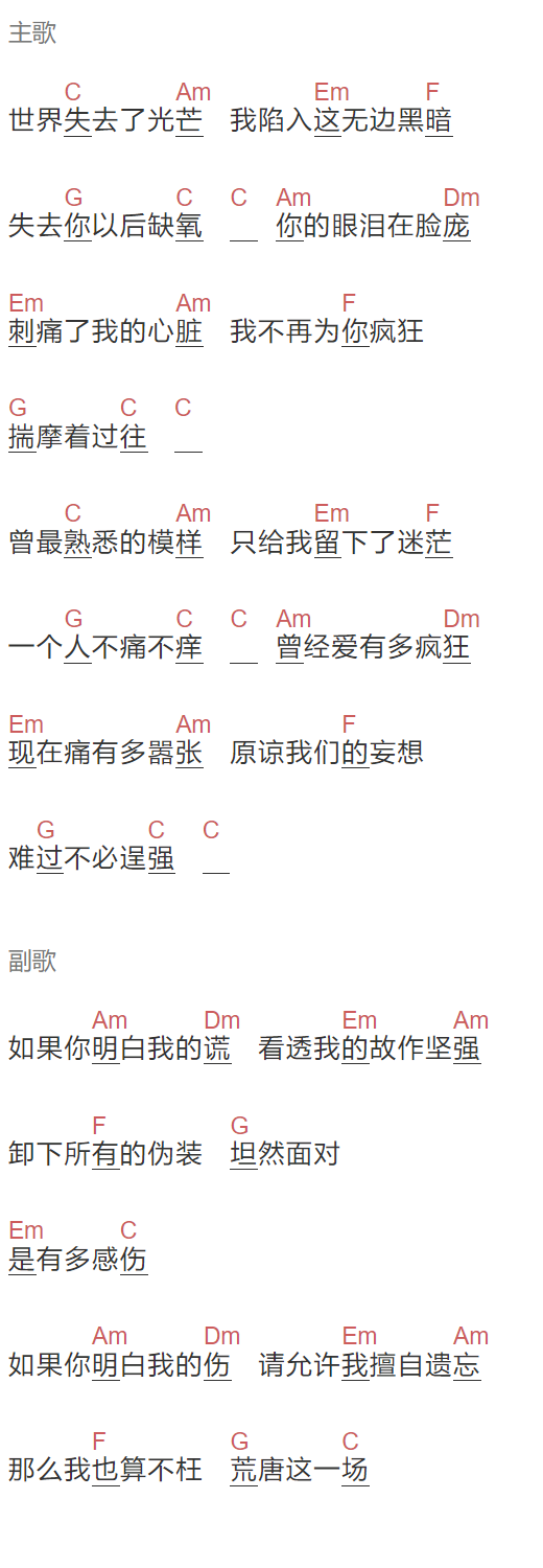 《如果你明白》吉他谱C调和弦谱(txt)1