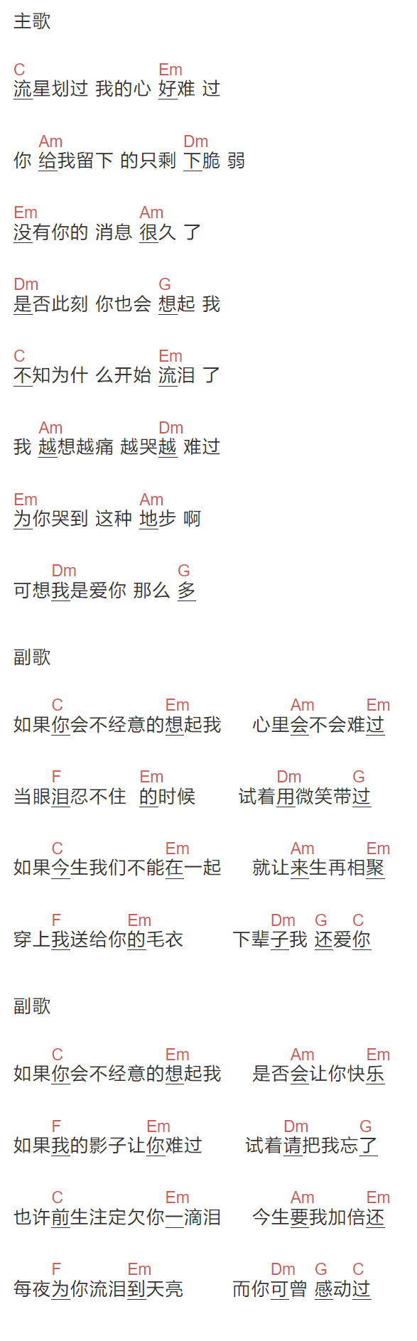 小鬼阿秋《如果你会不经意的想起我》吉他谱C调和弦谱(txt)1