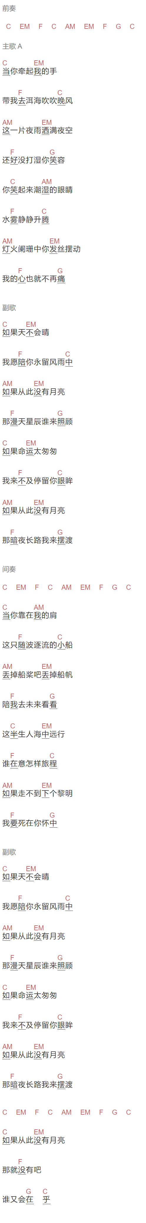 《如果从此没有月亮》吉他谱C调和弦谱(txt)1