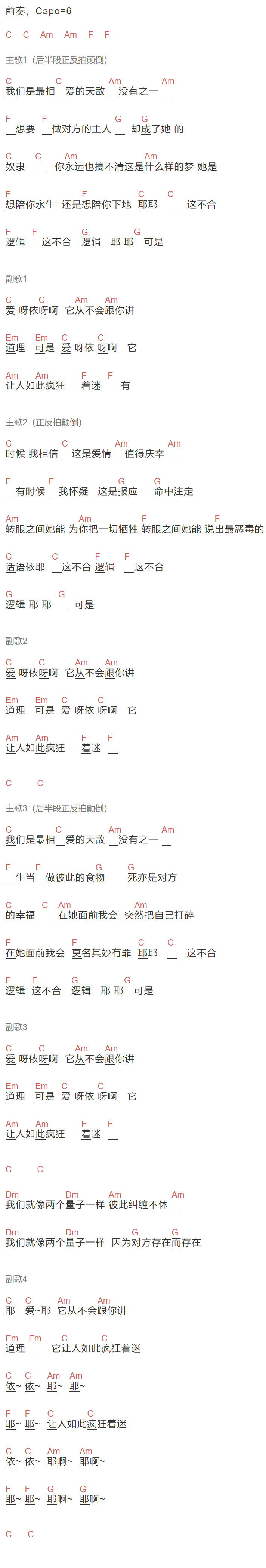 《天敌》吉他谱C调和弦谱(txt)1