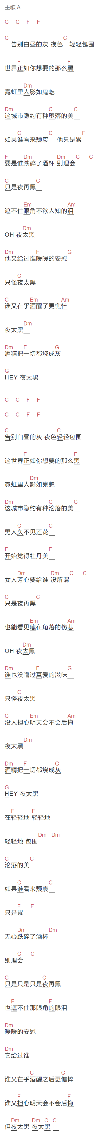 林忆莲《夜太黑》吉他谱C调和弦谱(txt)1