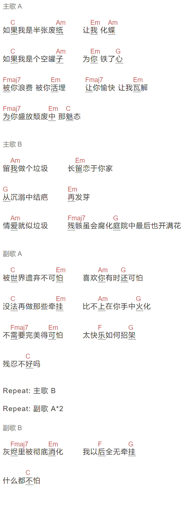 卢巧音《垃圾》吉他谱C调和弦谱(txt)1