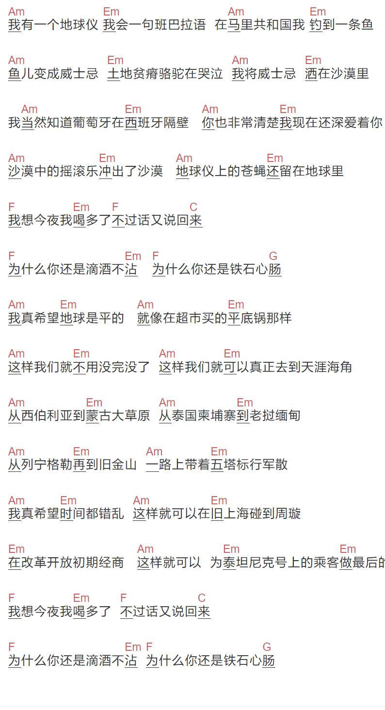 《地球仪》吉他谱C调和弦谱(txt)1