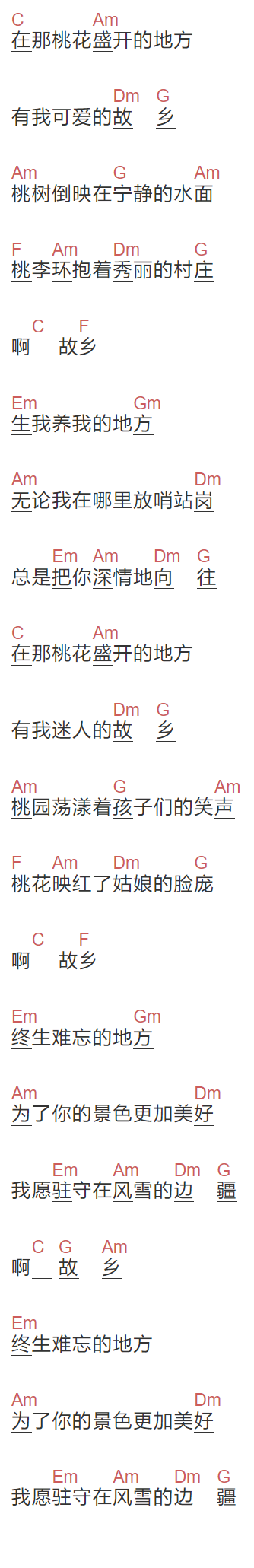 蒋大为《在那桃花盛开的地方》吉他谱C调和弦谱(txt)1