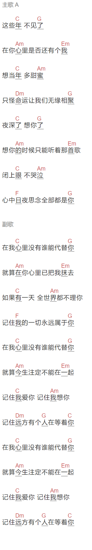 《在我心里没有谁能代替你》吉他谱C调和弦谱(txt)1