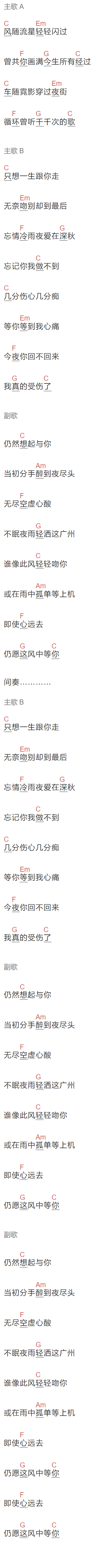 蒙面哥《在广州等你》吉他谱C调和弦谱(txt)1