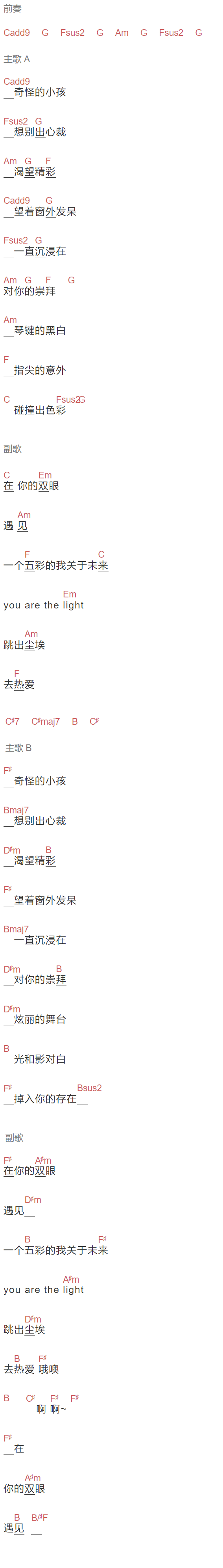 袁野夕《在你的双眼遇见》吉他谱C调和弦谱(txt)1
