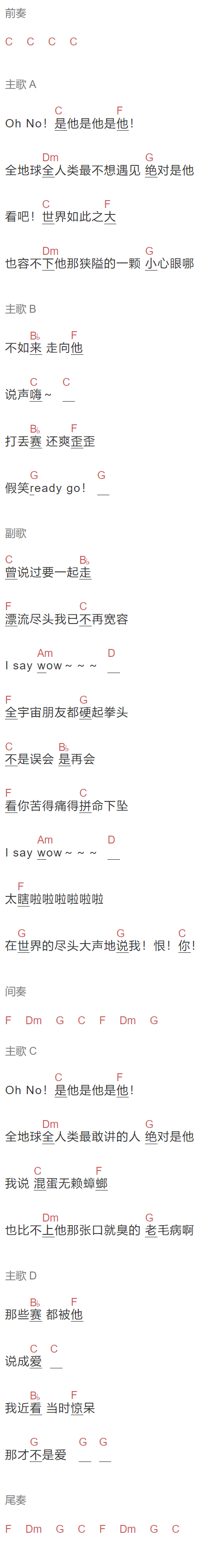 《在世界的尽头大声地说我恨你》吉他谱C调和弦谱(txt)1