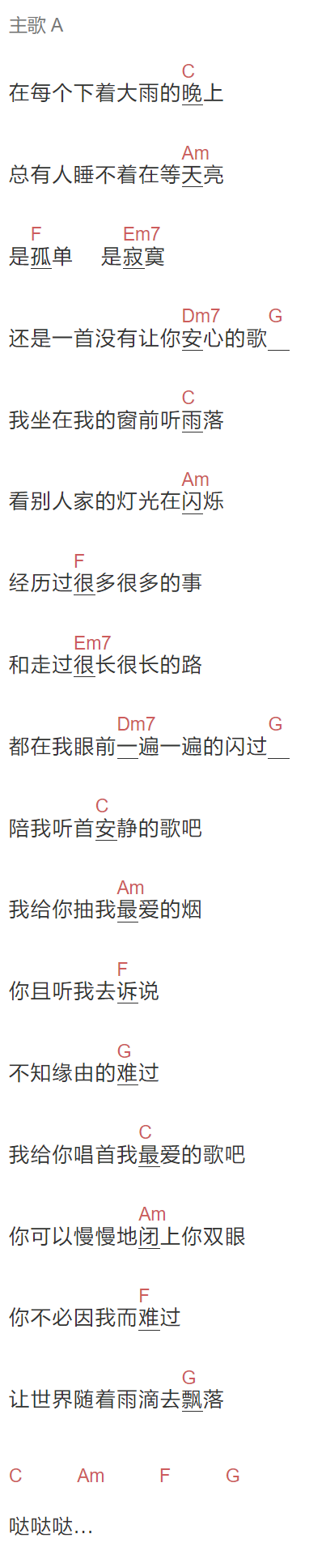 周三七《在一个下雨的晚上》吉他谱C调和弦谱(txt)1