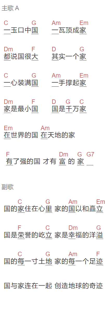 成龙,刘媛媛《国家》吉他谱C调和弦谱(txt)1