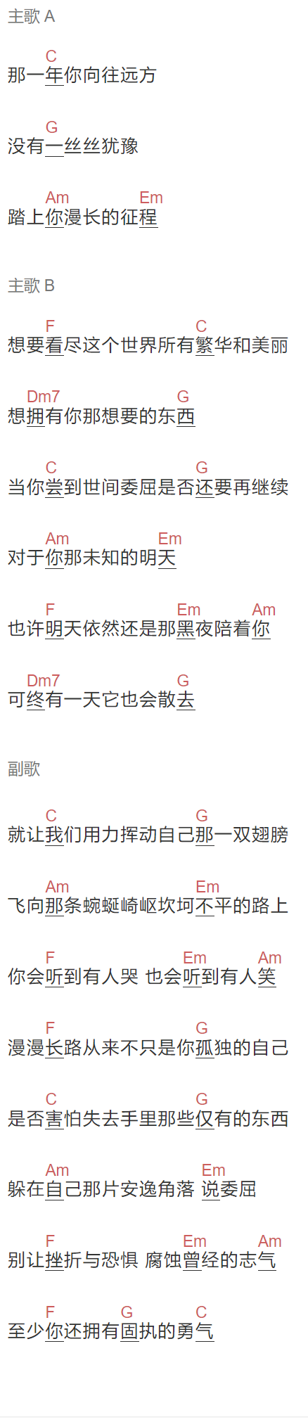 七楼刘明《固执的勇气》吉他谱C调和弦谱(txt)1