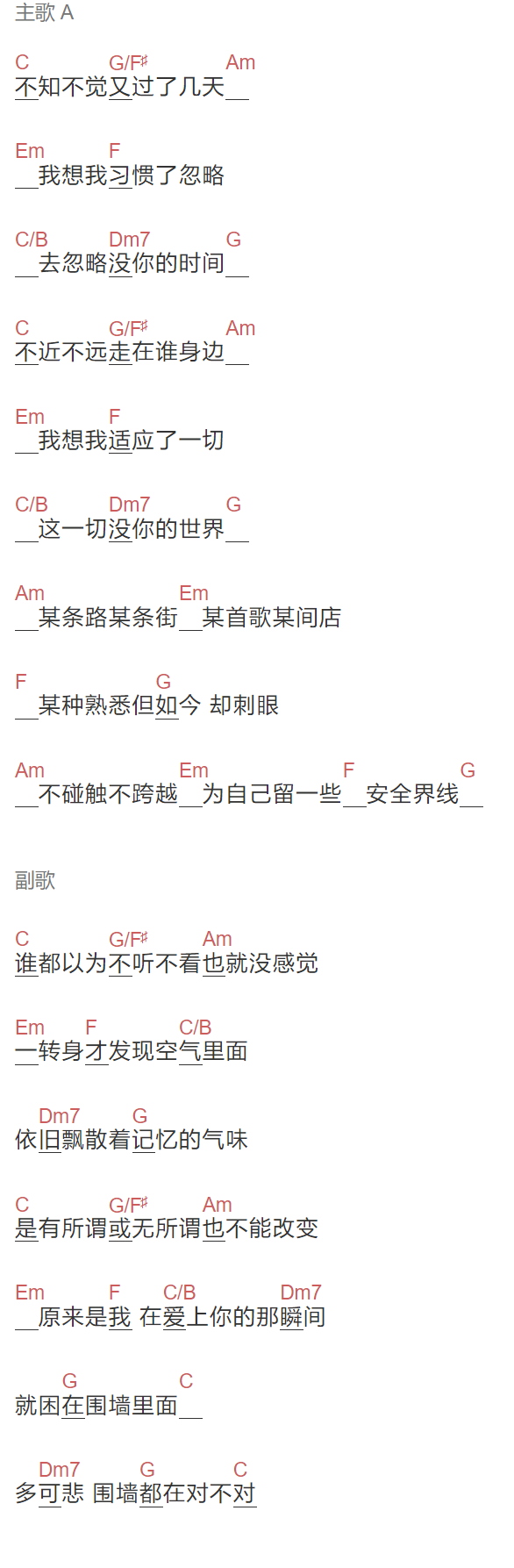 李玖哲《围墙》吉他谱C调和弦谱(txt)1