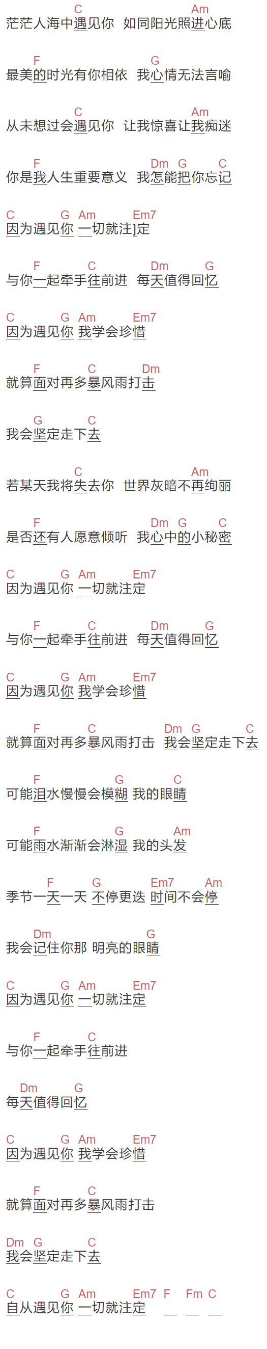 王源《因为遇见你》吉他谱C调和弦谱(txt)1