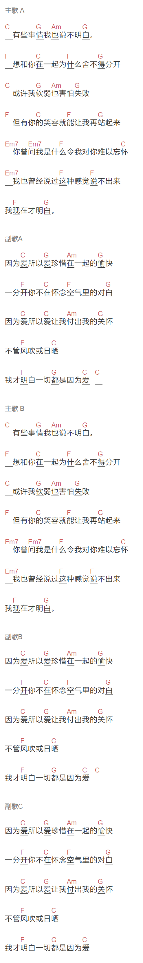 韦礼安《因为爱》吉他谱C调和弦谱(txt)1