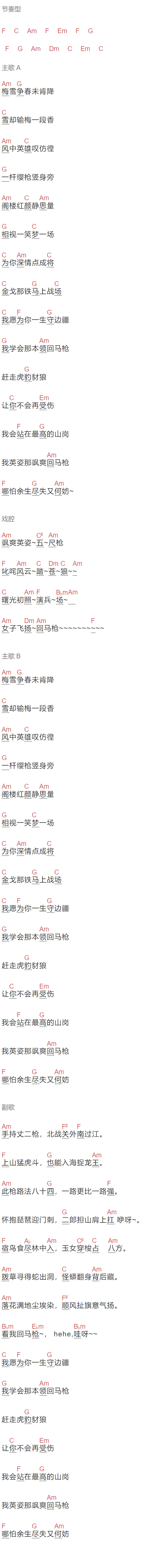 张晓棠《回马枪》吉他谱C调和弦谱(txt)1