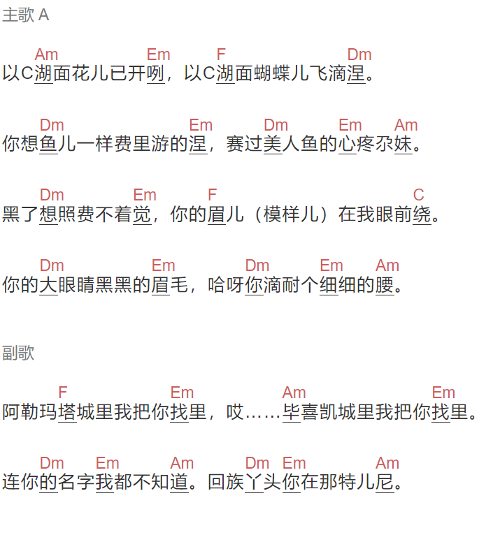 苏尔东《回族丫头》吉他谱C调和弦谱(txt)1