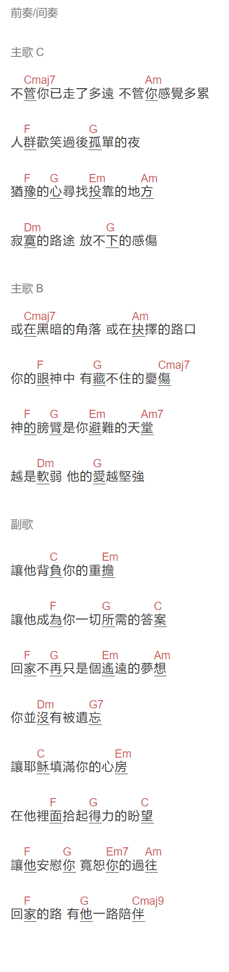 芥菜種音樂小站《回家的路》吉他谱C调和弦谱(txt)1