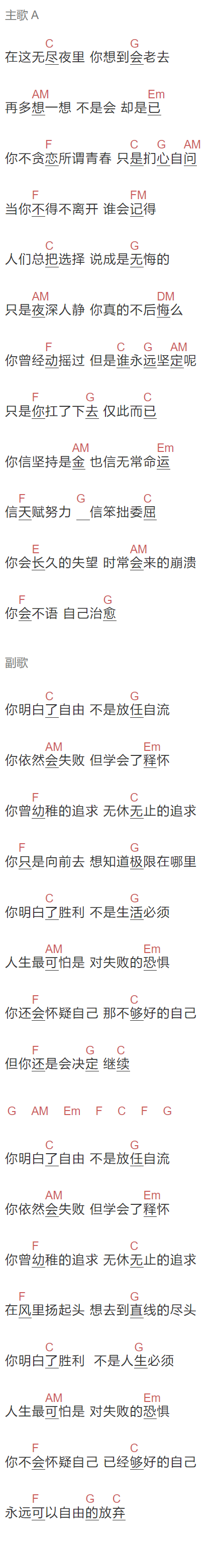 那英《回声》吉他谱C调和弦谱(txt)1