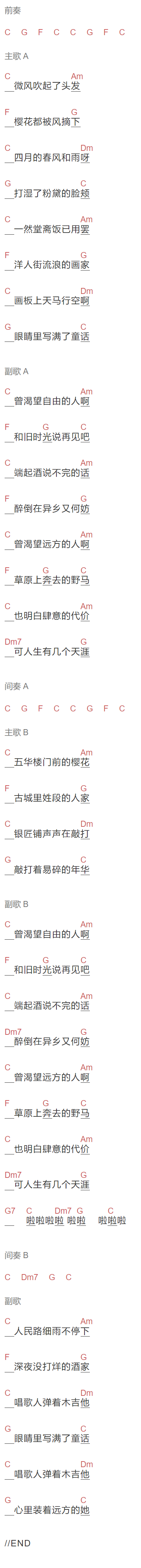 蒋璠《四月》吉他谱C调和弦谱(txt)1