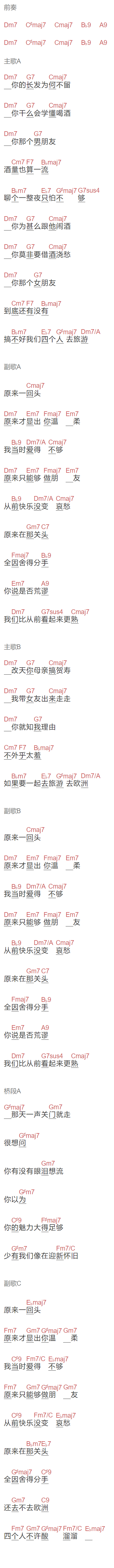 方大同,薛凯琪《四方游》吉他谱C调和弦谱(txt)1