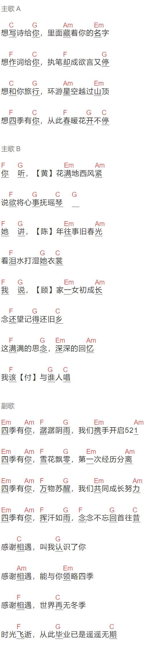 Gmaj柠柒7《四季有你》吉他谱C调和弦谱(txt)1