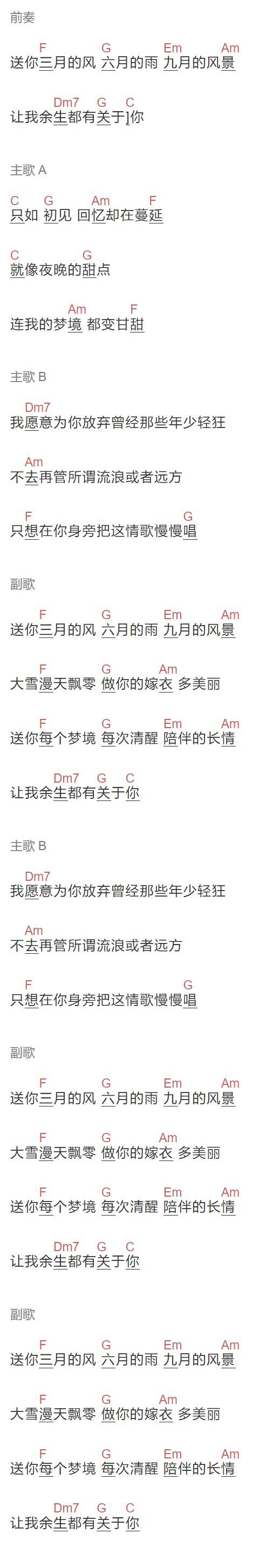 程响《四季与你》吉他谱C调和弦谱(txt)1