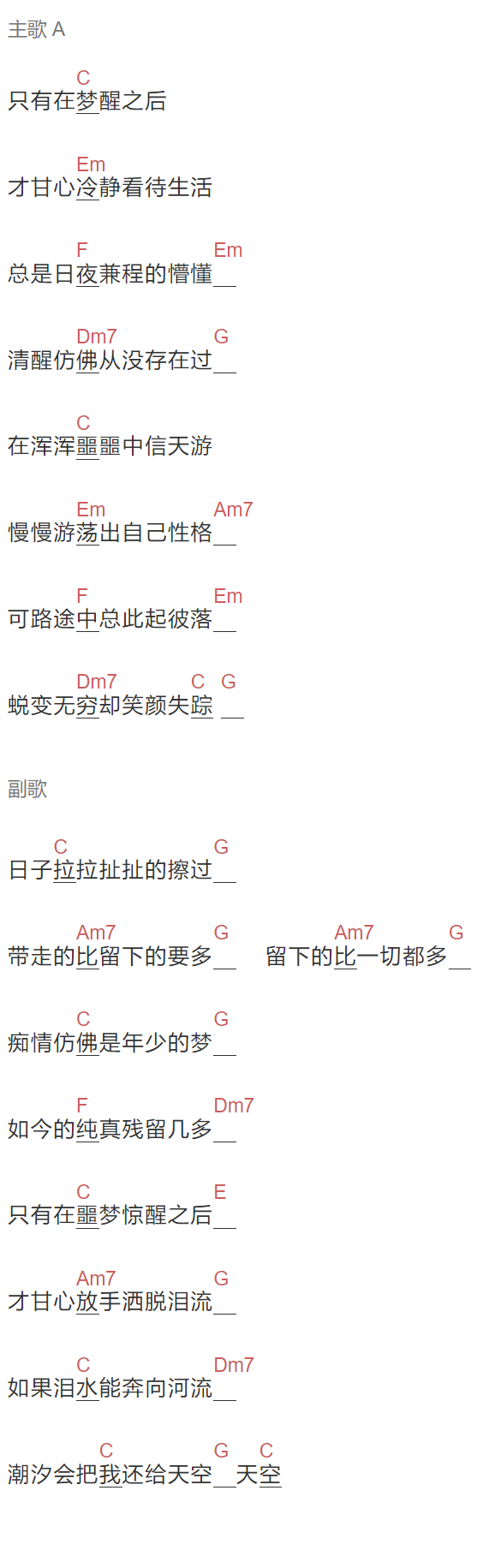 常石磊《噩梦惊醒之后》吉他谱C调和弦谱(txt)1