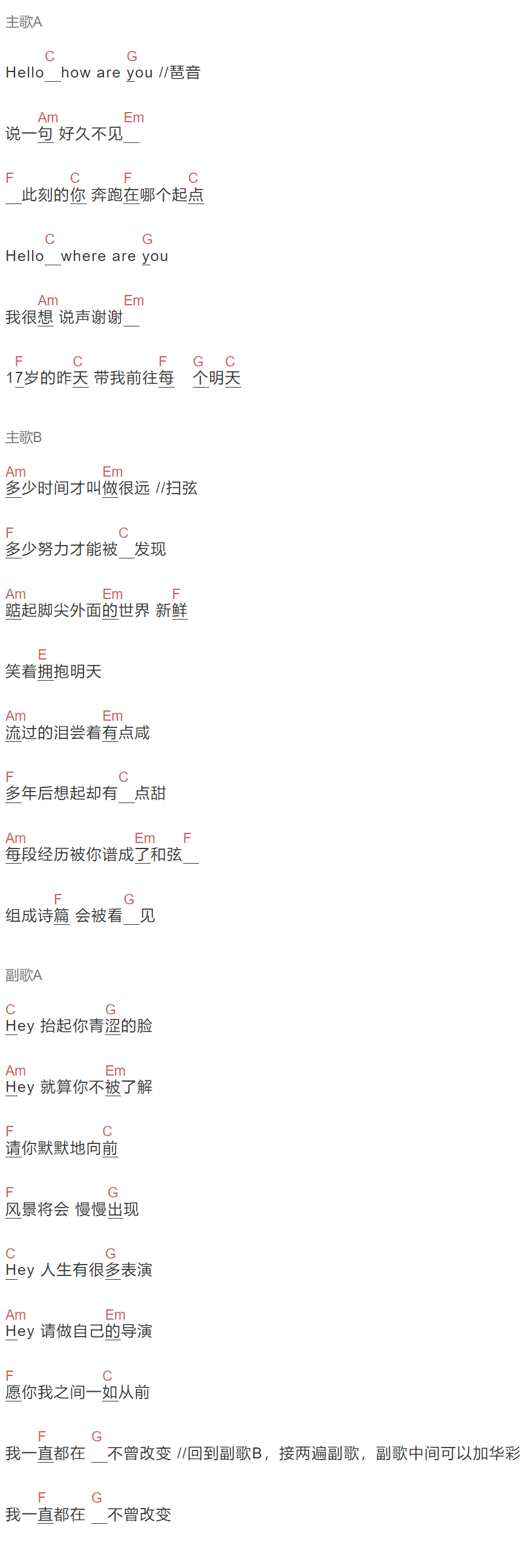 钟汉良《嘿，你好吗》吉他谱C调和弦谱(txt)1